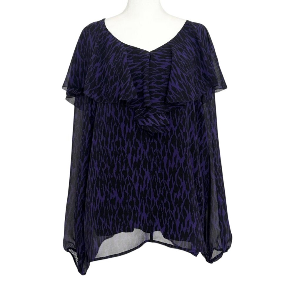 Soft Surroundings Purple‎ Black Chiffon Zebra V-Neck Ruffle Overlay Blouse XL